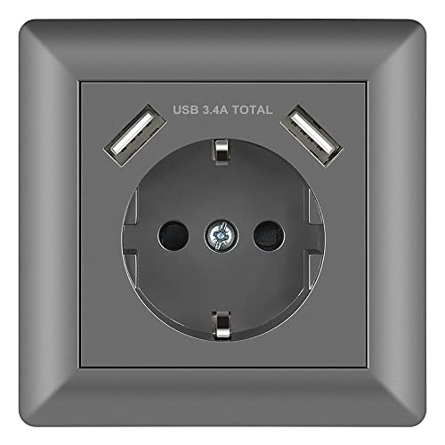 Sasudose USB Steckdose Grau System 55 Schuko Unterputz Steckdose mit USB Anschluss (Max. 3.4A) Schutzkontakt-Steckdose Wandsteckdose Passent in Standard Unterputzdose für Smartphone MP3 von Sasudose