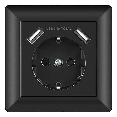 Sasudose USB Steckdose Schwarz System 55 Schuko Unterputz Steckdose mit USB Anschluss (Max. 3.4A) Schutzkontakt-Steckdose Wandsteckdose Passent in Standard Unterputzdose für Smartphone MP3 von Sasudose