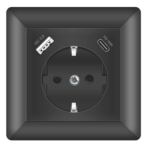 Sasudose USB Steckdose Unterputz Grau 18W Schnellladung System 55 Schuko Steckdose mit USB C Ladegerät Anschluss Schutzkontakt-Steckdose (4000W/16A) Einbausteckdose für Smartphone MP3 von Sasudose