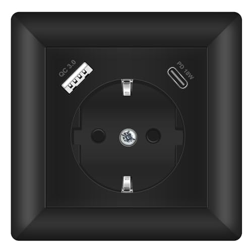 Sasudose USB Steckdose Unterputz Schwarz Schuko Steckdose mit USB C Ladegerät PD18W und QC3.0 Schnellladung System 55 Reinweiß Glänzend Wandsteckdose (4000W) Passent in Standard Unterputzdose von Sasudose
