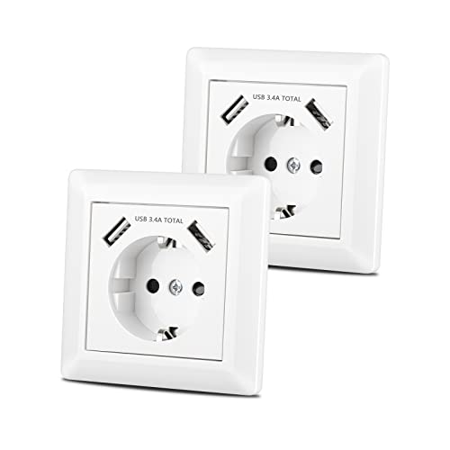 Sasudose x USB-Steckdose Unterputz-System 55 reinweiß glänzend weiß passt in handelsübliche Unterputzsteckdose, Schutzkontakt-Schuko-Wandsteckdose für USB-Anschluss Smartphone MP3 Tablet von Sasudose