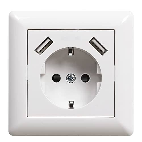 Sasudose USB Steckdose Weiß Unterputz Schuko Steckdose mit USB Anschluss (Max. 3.4A) System 55 Reinweiß Glänzend Schutzkontakt-Steckdose Wandsteckdose Passent in Standard Unterputzdose für Smartphone von Sasudose