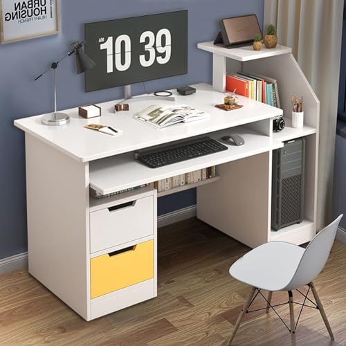 Saterkali Computertisch mit 2 Schubladen, Computertisch mit Stauraum und 3 Stallregalen, Heimbüro-Schreibtisch mit breiter Schreibtisch- und Tastaturschublade, Holzschreibtisch für Heimbüro, Weiß von Saterkali