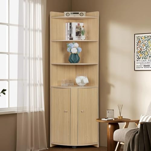 Saterkali Hoher Eckschrank, Bauernhaus-Aufbewahrungsschrank mit Scheunentür-Design und offenen Regalen, rustikaler Stil, Eckregal, freistehender Eckschrank für Badezimmer, Küche, Wohnzimmer, Holzfarbe von Saterkali