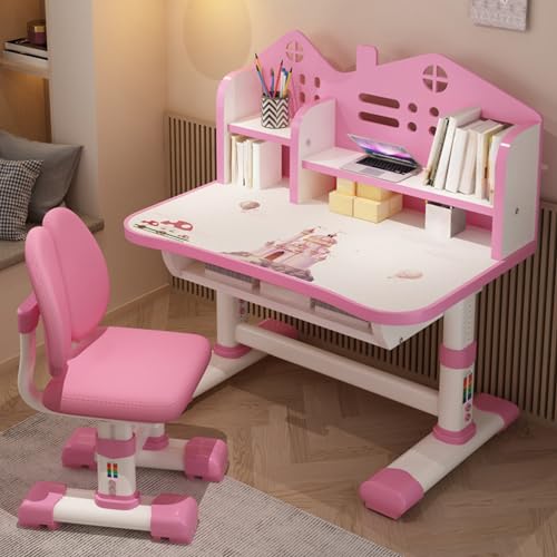 Saterkali Kinder-Studientisch, rosa Schreibtisch und Stuhl-Set, höhenverstellbar, erweiterter Schreibtisch, Cartoon-Muster, Schreibtischstuhl-Set mit Schublade, Stuhl-Set (Rosa) von Saterkali