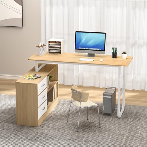 Saterkali L-förmiger Computertisch mit Schubladen, Eckschreibtisch mit 3 Schubladen und 2 Regalen, L-förmiger Eckschreibtisch mit Ablage, Holz-Arbeitsplatz, Chefschreibtisch für Heimbüro, 140 cm von Saterkali
