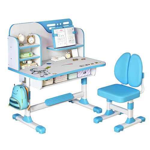 Saterkali Premium Kinder Studie Schreibtischstuhl Set, Höhenverstellbarer Kinder-Schultisch-Stuhl-Satz mit Astronauten-Muster, Ergonomischer Schreibtischstuhl mit Bücherregal und Schublade Blau von Saterkali