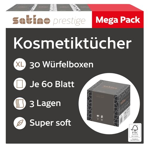 30 x Kosmetiktücher Box – 3-lagig - 30 x 60 Blatt – Kosmetiktücher 3lagig – 1.800 Stk. - 30 Boxen mit 60 Tücher – supersoft – Made in Germany - Satino von Satino