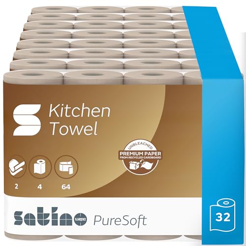 Satino PureSoft Küchentücher 2-lagig – extra saugstark & besonders umweltfreundlich dank 100% Recyclingpapier – Made in Germany – 100% recycelbar – Großpackung mit 32 Rollen - 64 Blatt je Küchenrolle von Satino