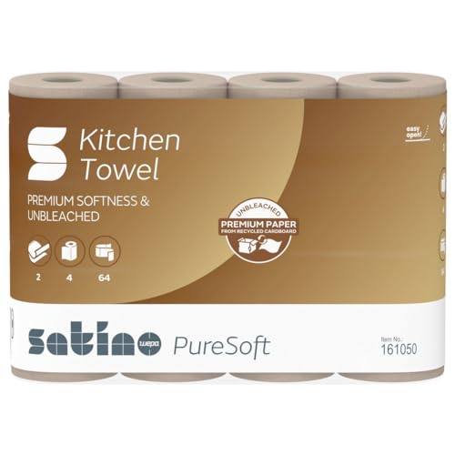 Satino PureSoft Küchentücher 2-lagig – extra saugstark & besonders umweltfreundlich dank 100% Recyclingpapier – Made in Germany – 100% recycelbar – Umfang: 4 Rollen / 64 Blatt je Küchenrolle von Satino