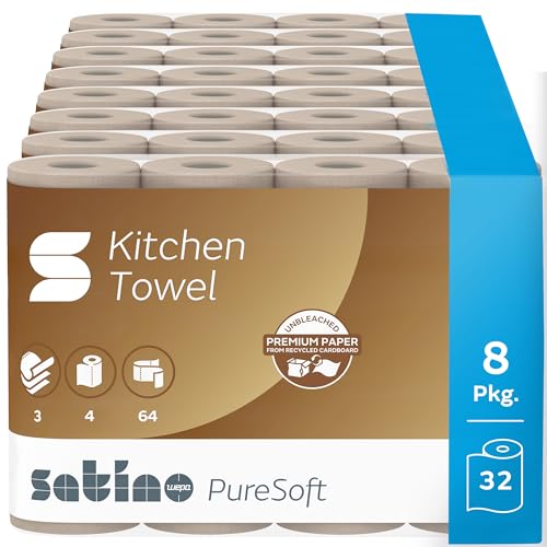 Satino PureSoft Küchentücher 3-lagig – extra saugstark & besonders umweltfreundlich dank 100% Recyclingpapier – Made in Germany – 100% recycelbar – Großpackung mit 32 Rollen - 64 Blatt je Küchenrolle von Satino