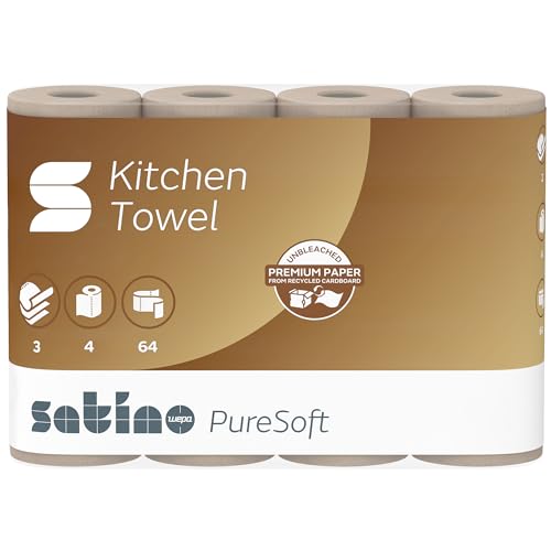 Satino PureSoft Küchentücher 3-lagig – extra saugstark & besonders umweltfreundlich dank 100% Recyclingpapier – Made in Germany – 100% recycelbar – Umfang: 4 Rollen / 64 Blatt je Küchenrolle von Satino