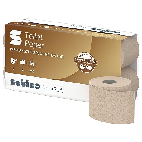 Satino PureSoft Toilettenpapier 2-lagig – extrem weich & äußerst umweltfreundlich dank 100% Recyclingpapier – Made in Germany – 100% recycelbar – Großpackung mit 64 Rollen – 250 Blatt je Klorolle von Satino
