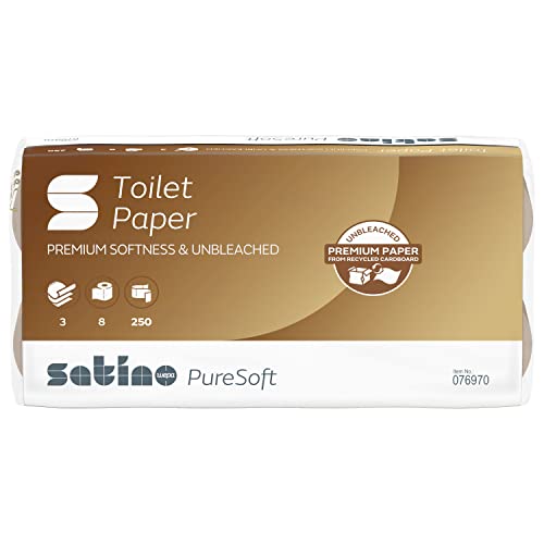 Satino PureSoft Toilettenpapier 3-lagig - Großpackung mit 64 Klorollen (8x8 Rollen) - weich, umweltschonend und nachhaltig aus recyceltem Karton/Verpackungsmaterial von Satino