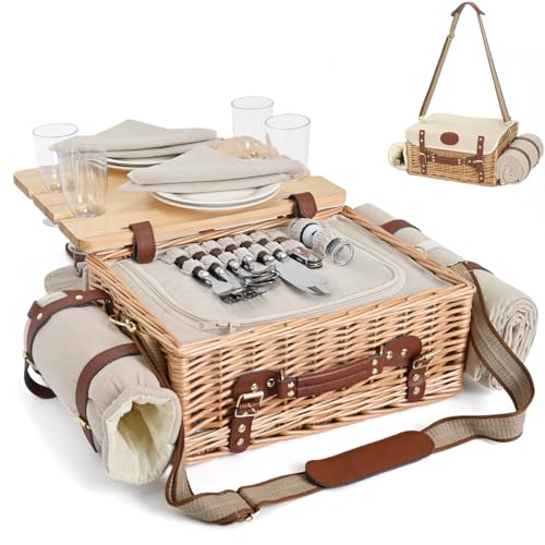 Multifunktionales Picknickkorb-Set aus Weidengeflecht für 4 Personen mit Decke und Picknicktisch, isoliertes Picknick-Set mit vollem Geschirr für Camping, Outdoor-Paare, Natur von SatisInside