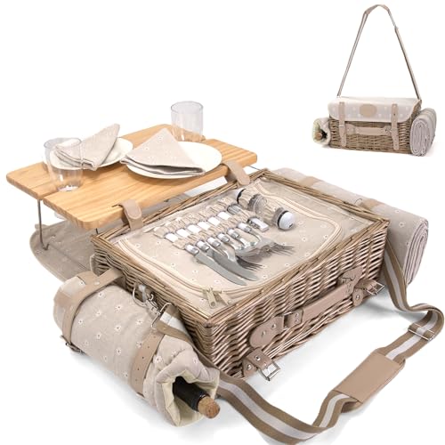 Multifunktionales Weiden-Picknickkorb-Set für 2 mit Decke und Picknicktisch, isoliertes Picknick-Set mit vollem Geschirr für Camping Outdoor Paare, Blumen Multifunktionales Weiden-Picknickkorb-Set für 2 mit Decke und Picknicktisch, isoliertes Picknick-Set mit vollem Geschirr für Camping Outdoor Paare, Blumen von SatisInside