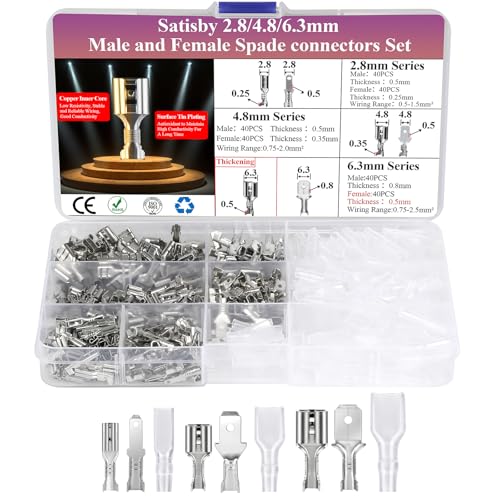 360pcs Flachsteckhülsen Set, 0,5-2,50mm² Messingverzinnung Kabelschuhe Flachstecker 2.8/4.8/6.3mm unisoliert mit Isolierhülsen, Dicke Flachsteckhülsen 6,3mm, Flachstecker Sortiment von Satisby