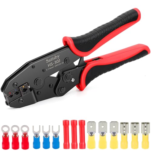 Crimpzange Kabelschuhe Set-Speziellen kfz Crimpzange Kabelschuhzange mit Ratschenfunktion für 0,5-6mm² isoliert Flachsteckhülsen, Rundstecker, Ringkabelschuhe und Stoßverbinder von Satisby