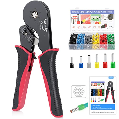 Crimpzangen Aderendhülsen Set-Crimpzange 16mm Selbststellend Hexagonal Jaws Presszange 0.08-16mm²/AWG28-5 mit 750stück Aderendhülsen Set Krimpzange Aderendhülsenzange von Satisby