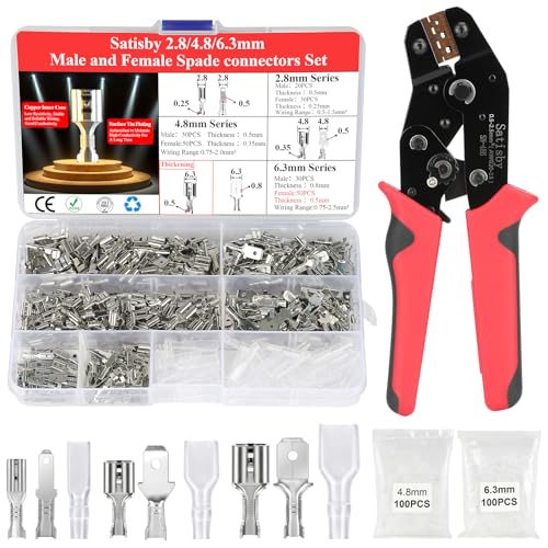 Kabelschuhe Set mit Zange-210pcs verdickte 2.8/4.8/6.3mm Kabelschuhe Flachstecker Set mit Crimpzange| Zange für 0,50-2,50 mm² flachsteckhülsen mit Isolierhülse für Anwendungen mit höheren Strömen von Satisby