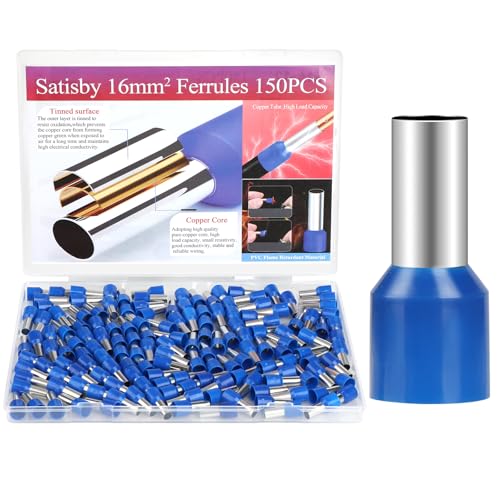 Satisby Aderendhülsen 16mm2-150PCS 16mm Aderendhülsen Set Kabelendhülsen Isolierte Aderhülsen für Drahtverbindung Kupferrohr verzinnt Aderhülsen 16mm²x12mm von Satisby