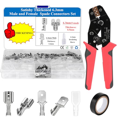 Satisby Crimpzange Flachsteckhülsen-250PCS verdickte 6.3mm Flachsteckhülsen Set mit Zange-Messingverzinnung 6.3mm Flachstecker mit Crimpzange kabelschuhe unisoliert, Flachsteckhülsen 6.3mm von Satisby