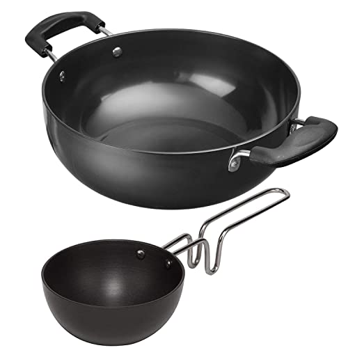 Satre Online And Marketing Hindalco Aluminium Kadhai Größe Nr. 12 mit Hindalco Aluminium Tadka Pfanne Combo Set von 2 Aluminium Kadai mit Tadka Pfanne, indische Bratpfanne oder Kadai, Farbe: Schwarz von Satre Online And Marketing