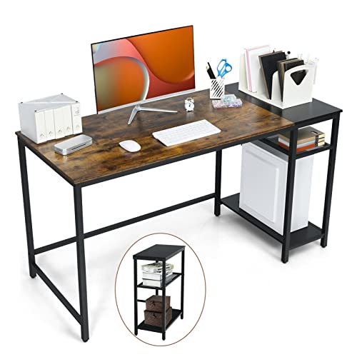 Studiertisch Schreibtisch 55 "Reversible. Pc. Schreibtisch Home Office Schreibtisch mit einstellbarem Speicherregal Multifunktions Pc. Workstation, stabiler schwarzer Metallrahmen Gaming-PC-Arbeitstis von Saturey