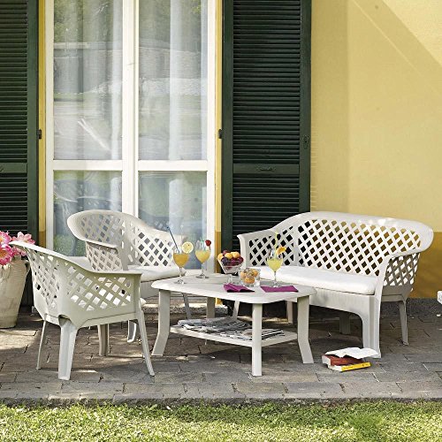 Outdoor-Set bestehend aus 2 Sesseln 1 Bank 1 Couchtisch, mit Kissen, Made in Italy, weiße Farbe von Saturnia