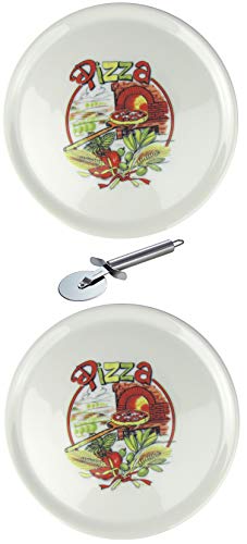 Saturnia XXL Porzellan Pizzateller Speiseteller mit verschiedenen Motiven inkl. Edelstahl Pizzaschneider 2 Stück, Pizzaofen Ø31cm von Saturnia