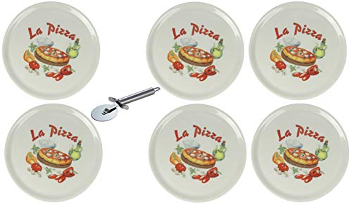 XXL Porzellan Pizzateller Speiseteller mit verschiedenen Motiven inkl. Edelstahl Pizzaschneider 6 Stück, La Pizza Ø31cm von Saturnia