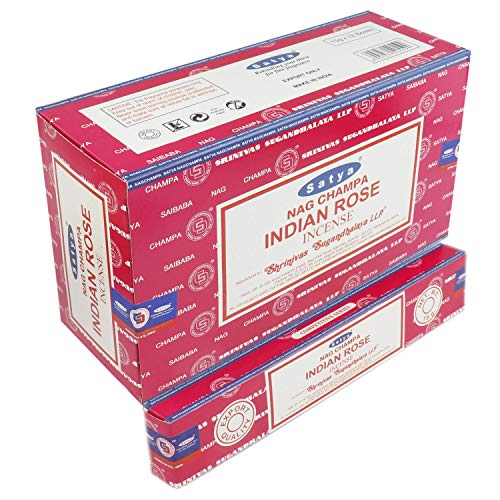 SATYA Nag Champa Indische Rose Agarbatti | Handgerollte Masala-Räucherstäbchen | 12 Packungen mit je 15 Gramm in einer Box | Export Qualitätsprodukt von Satya