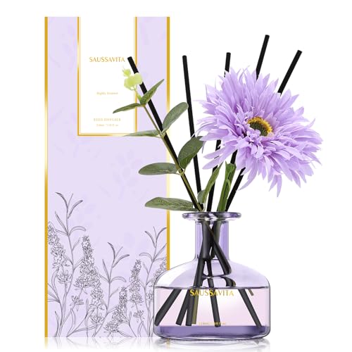 Raumduft Reed Diffuser 210ml Lavendelfelder Duft Aroma Diffuser mit 7 Duftstäbchen, Natürlich, Langanhaltend Blume Raumdüfte-Set für 120 Tage, Lufterfrischer für die Büro Violette Glasflasche von Saussavita