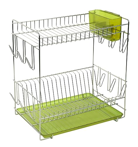 Sauvic Großer Edelstahl-Geschirrabtropfer mit grüner Wasserauffangschale, 43x25x41,5 cm von Sauvic