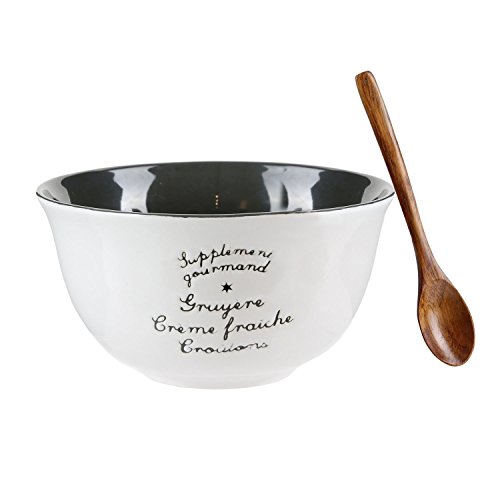 Saveur et Dégustation ka2158 Suppentasse mit Löffel aus Holz, Steingut, Weiß, 13,7 x 13,7 x 7,4 cm von Saveur & Dégustation