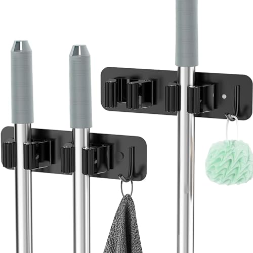 Saviluk 2 Stück Besenhalterung Wand, Gerätehalter Besenhalter, Gartengerätehalter Wandhalterung Edelstahl Besen Mop Halter Selbstklebend Werkzeughalter Organizer mit 2 Halter und 1 Haken von Saviluk