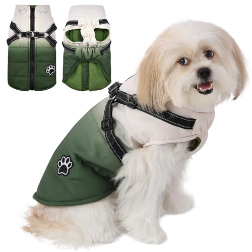 Savlot Hundemantel mit Geschirr Winter Hundemantel Fleece Hundejacke wasserdichte Hundemantel Reißverschluss Hundejacke Welpe Mantel kleine Hundekleidung (M, Grün) von Savlot