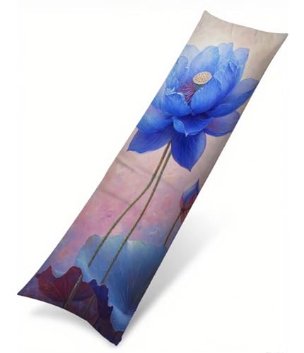 Blau Seitenschläferkissen Bezug 60 x 180 cm, Landschaft Kissenbezug 60 x 180 Kissen Seitenschläfer Lotus Muster Samt Verbessern Sie Schlafqualität Pillow Case für Sofa Wohnzimmer Schlafzimmer T-2954 von Saweefog