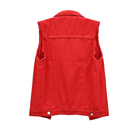 Sawmew Damen Jeansweste Denim Jacke Ärmellos Beiläufige Jeansweste Denim Weste Vest Frühling Cardigan Top Outwear (Color : Red, Size : XXL) von Sawmew