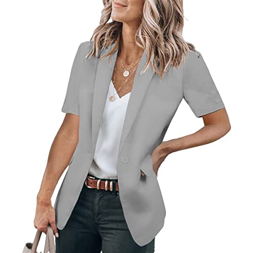 Sawmew Kurzarm Blazer Damen Einfarbig Business Anzug Sakko Blazerjacke Slim Fit Blazer mit Taschen Basic Jacke Strickjacke Damenjacke (Color : Grey, Size : L) von Sawmew