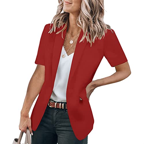 Sawmew Kurzarm Blazer Damen Einfarbig Business Anzug Sakko Blazerjacke Slim Fit Blazer mit Taschen Basic Jacke Strickjacke Damenjacke (Color : Red, Size : M) von Sawmew