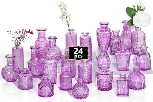 24 Mini Knospe Vase Glas Set als Hochzeit Mittelstücke für Tische, klare Vintage Vasen für Blumen, kleine Blumenvasen geeignet für tischdeko Geburtstag Party, Hochzeit, Baby-Dusche (24, Lila) von Sawoake