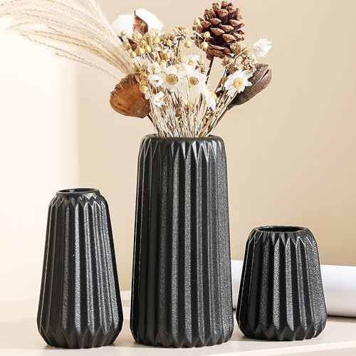 Sawoake Black Ceramic Vase Set von 3 - Modern Minimalist Bohemian Home Decor Vase - Farmhouse Rustic Mantel und Bücherregal Dekoration - Geräumige Vase für Wohnzimmer - Entryway Countertop von Sawoake