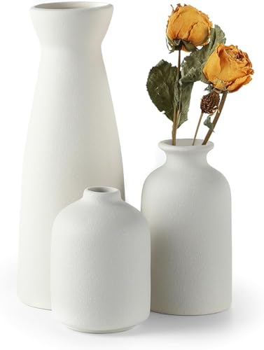 Sawoake Weiß Keramik Vasen 3er-Set Kleine Blumenvasen für Dekor, Moderne rustikale Bauernhaus Home Decor, Dekorative Vasen für Pampas Grass Idee Regal (Weiß) von Sawoake