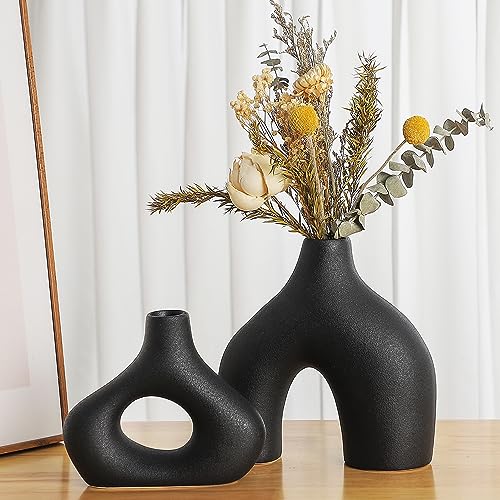 Sawoake Schwarze Keramikvase 2er Set für Moderne Wohnkultur, runde Matte Donut-Vasen für Pampasgras, neutraler Boho-nordischer Minimalismus-Stil Blumenvasen für Wohnzimmer Hochzeit von Sawoake