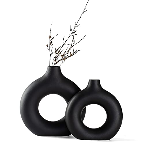 SAWOAKE Vasen für pampasgras, Schwarze Keramikvase 2er set für Moderne Home Decor, Neutral Boho Nordic Minimalismus Stil Blumenvasen, Idee Regal ,Tisch,（Groß+klein） von Sawoake