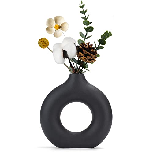 Sawoake Schwarzer Donut Keramik Vase für Moderne Home Decor, Runde Matte Vasen für Pampasgras, Neutral Boho Nordic Minimalismus Stil Blumenvasen（Groß） von Sawoake