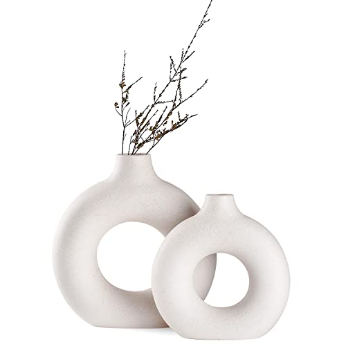 Sawoake Weiße Donut Keramik Vase Satz von 2 für Moderne Home Decor, Runde Matte Vasen für Pampasgras, Neutral Boho Nordic Minimalismus Stil Blumenvasen（Groß+klein） von Sawoake