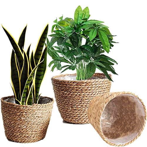 Sayiant Natürlicher Pflanzkorb handgewebter Blumentopf mit Liner Rattan Pflanzen gewebte Blumenkörbe, klein, mittel, groß, 2 Stück (3 Stück (s,m,l)) von Sayiant