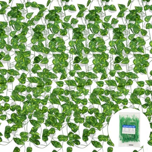 24 Stück Efeu Künstlich Girlande, 2 m Grüne Hängende Kunstpflanze, Grün Efeu Kabelbinder Pflanzen Verblasst Nicht Leicht Natürliche Farbe Geeignet für Gartentreppen im Hochzeitsbüro von Sayudar